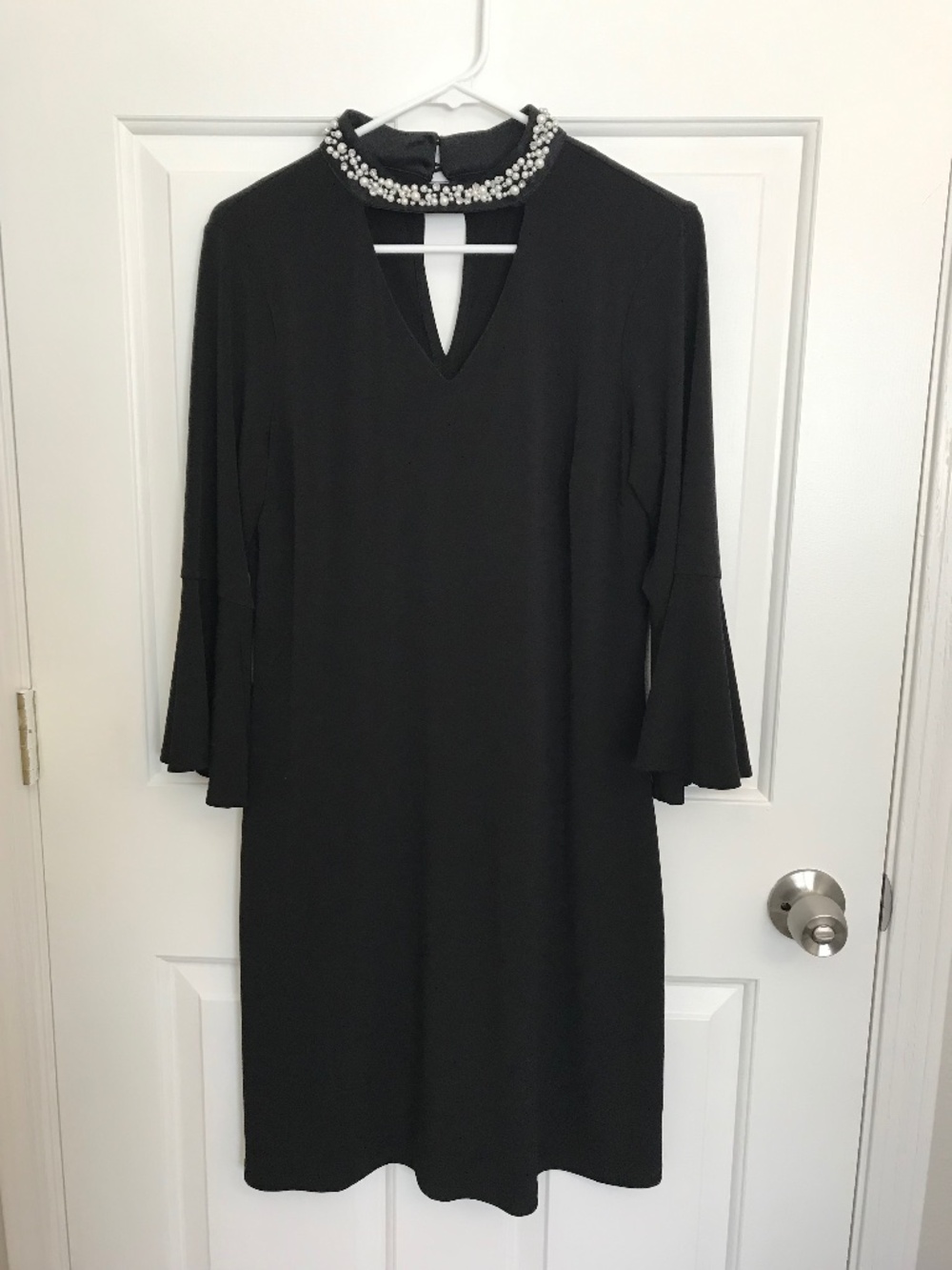 Enfocus Studio Faux Pearls Rhinestones Neck Bell Sleeve Knit Dress Sz 10 Black